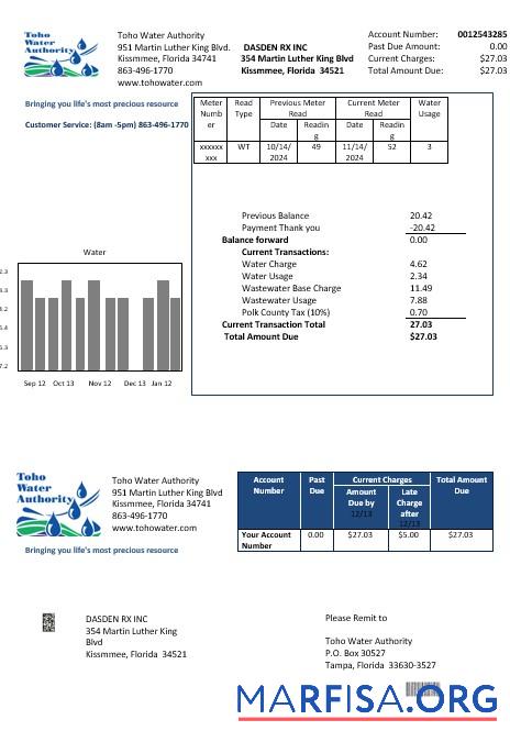 Blank USA Florida Toho Water Authority business utility bill template in Word and PDF formats
